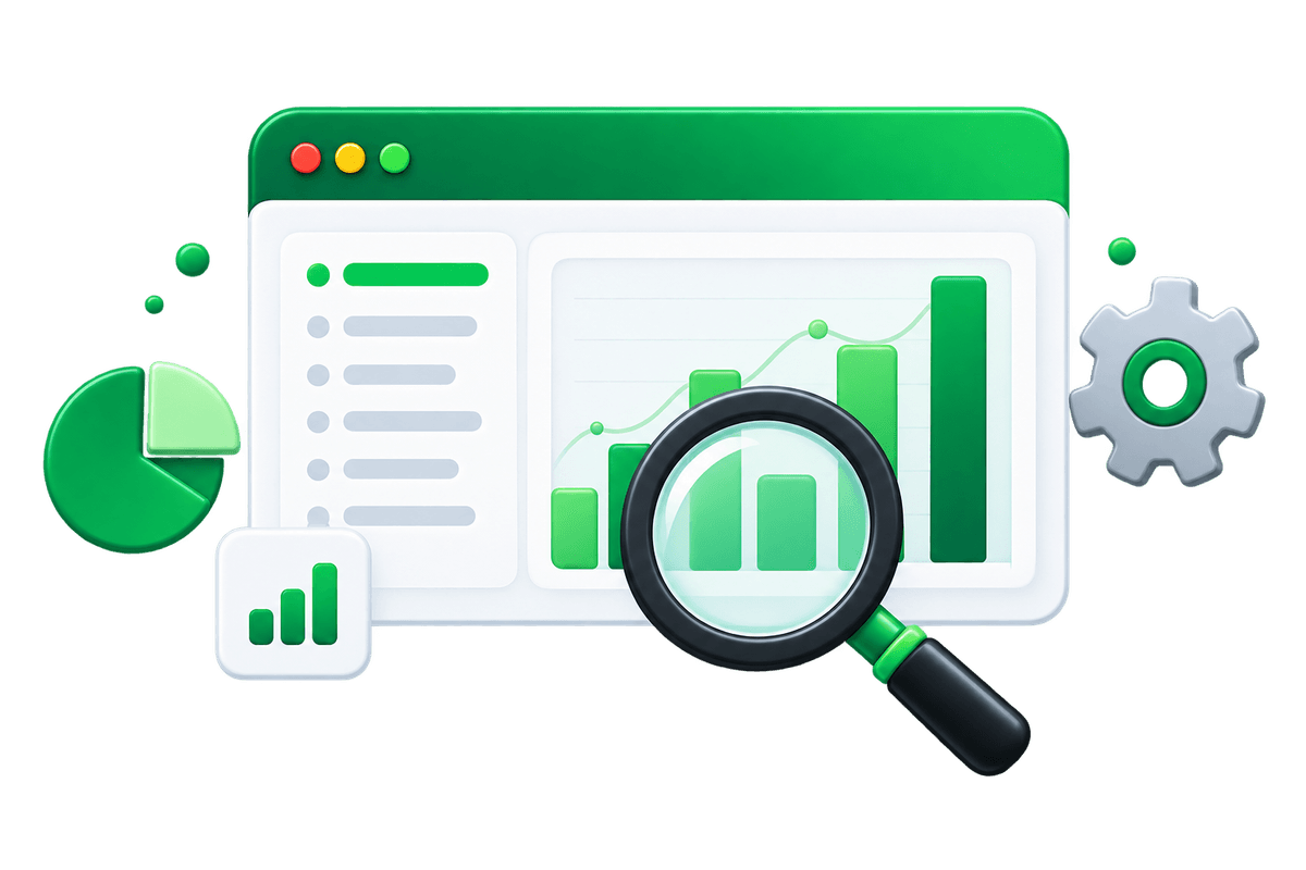 SEO analytics dashboard with charts and magnifying glass