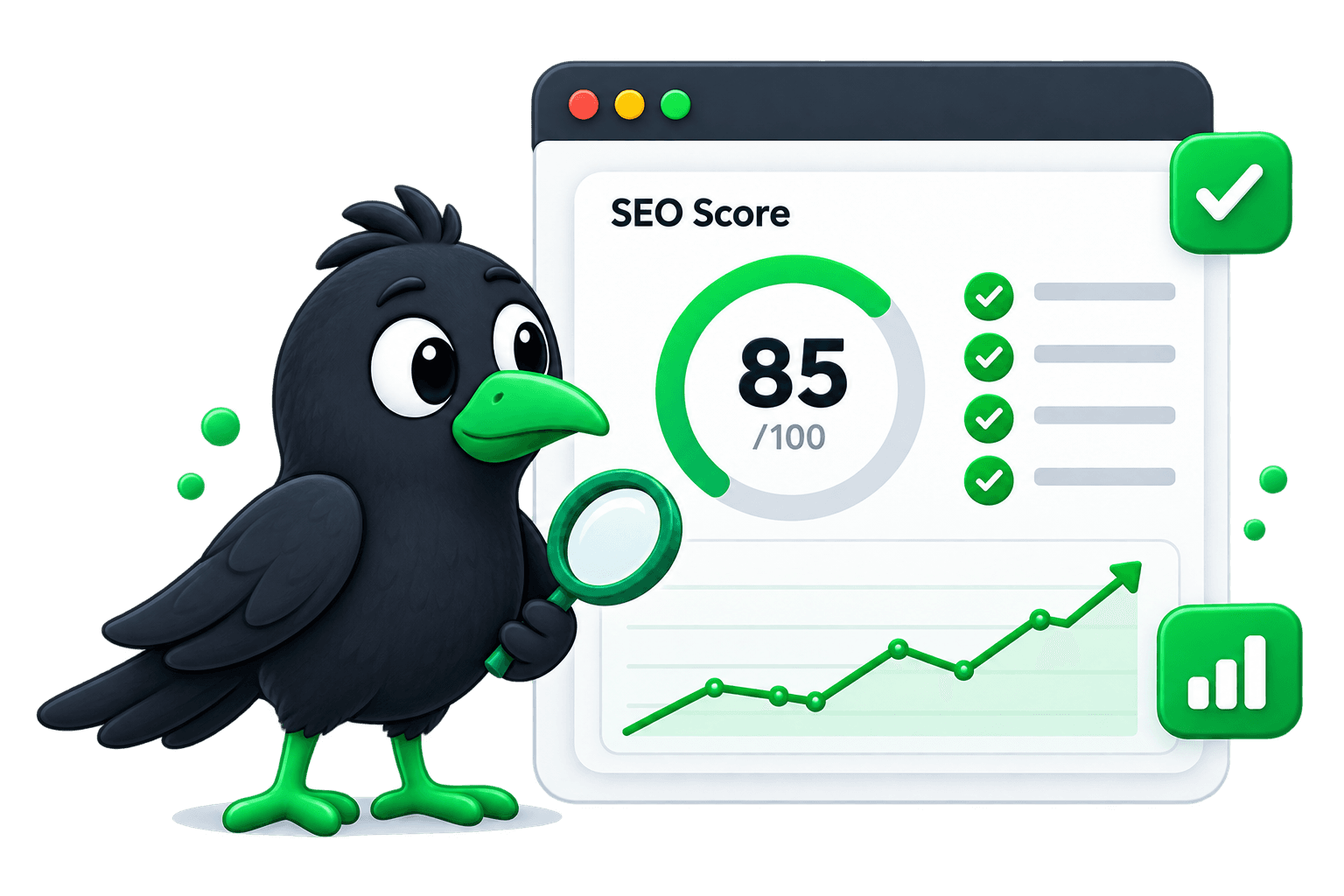RankCrow SEO analysis dashboard with crow mascot