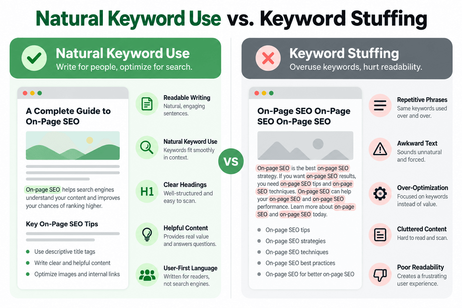 Natural keyword usage compared with keyword stuffing and repetitive SEO wording