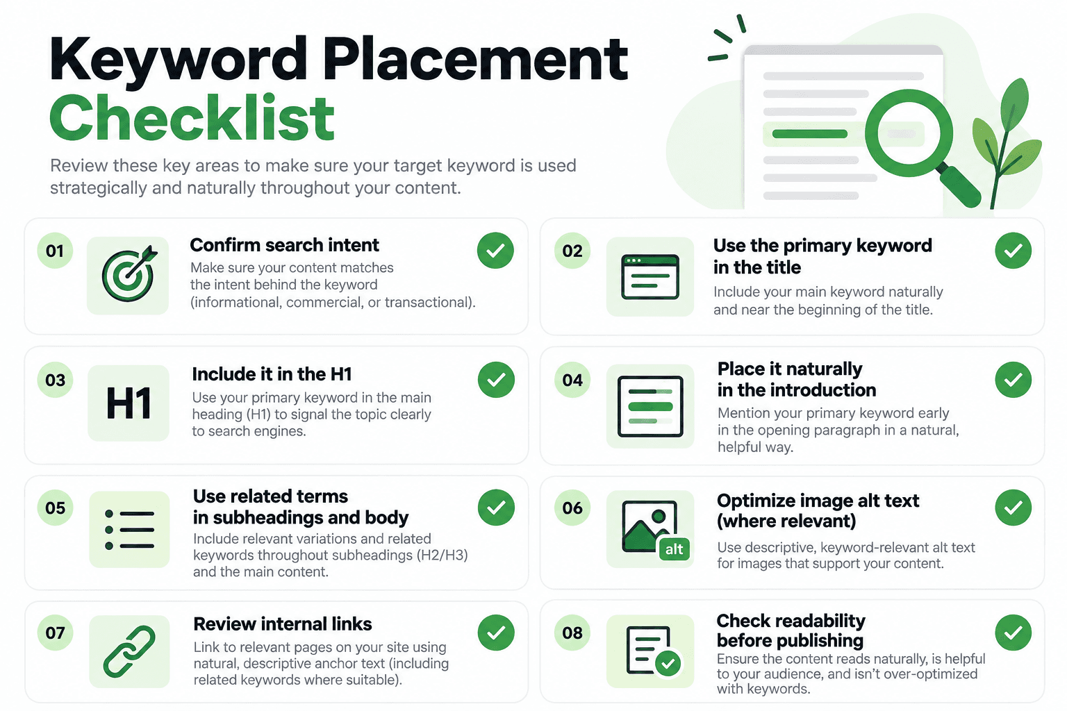 SEO keyword placement checklist for reviewing natural keyword use before publishing a webpage
