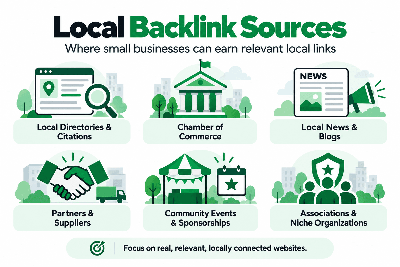 Local backlink sources including directories, chambers, local media, partners, events, and associations