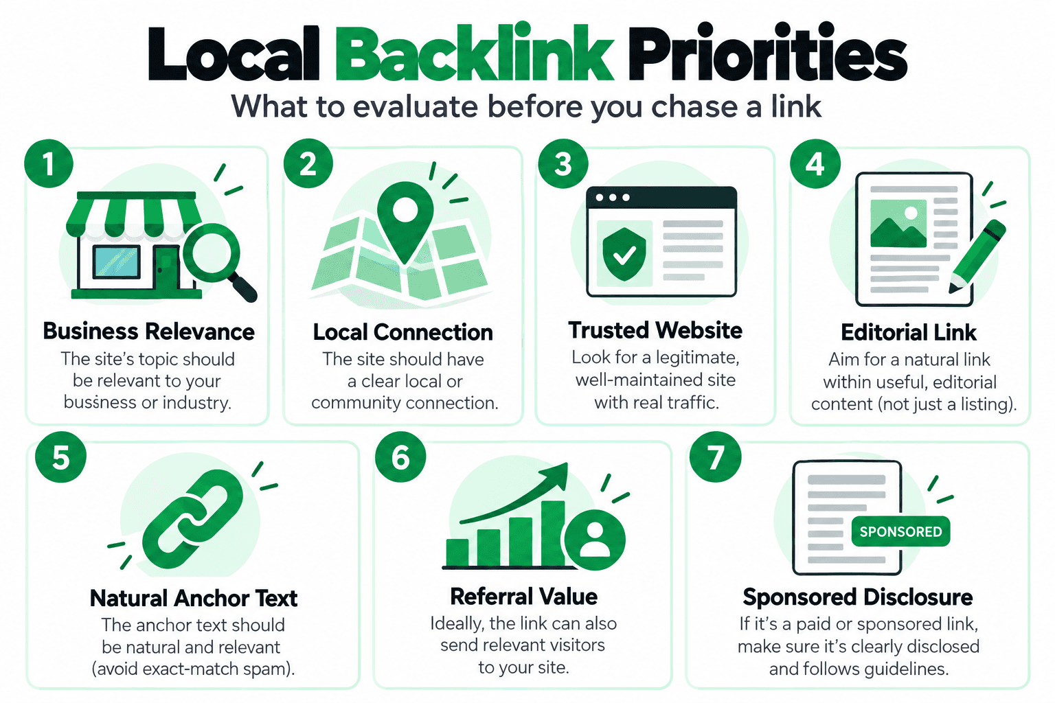Local backlink priorities including business relevance, local connection, editorial value, and natural anchor text