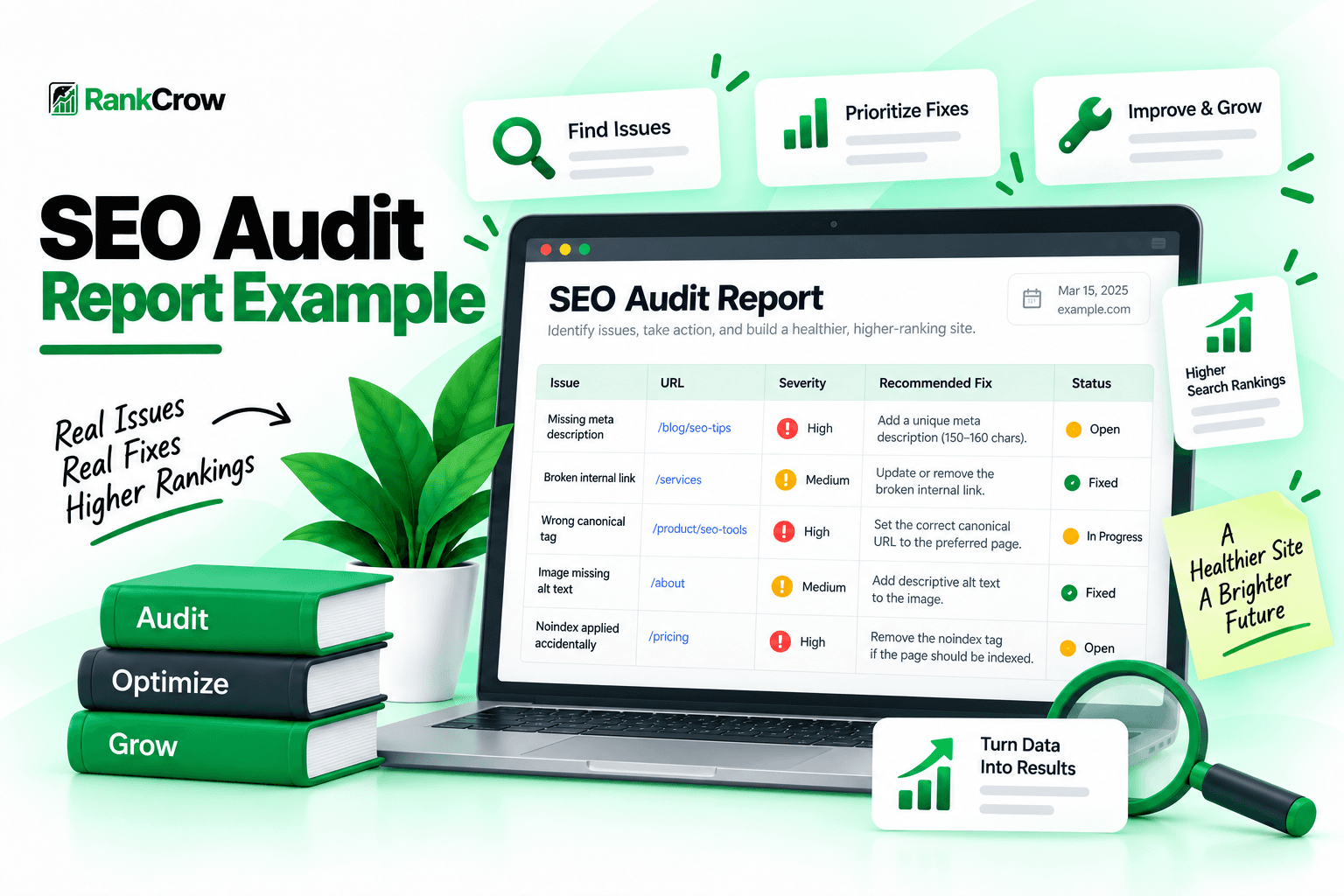 SEO audit report example showing issue, affected URL, severity, recommended fix, and status