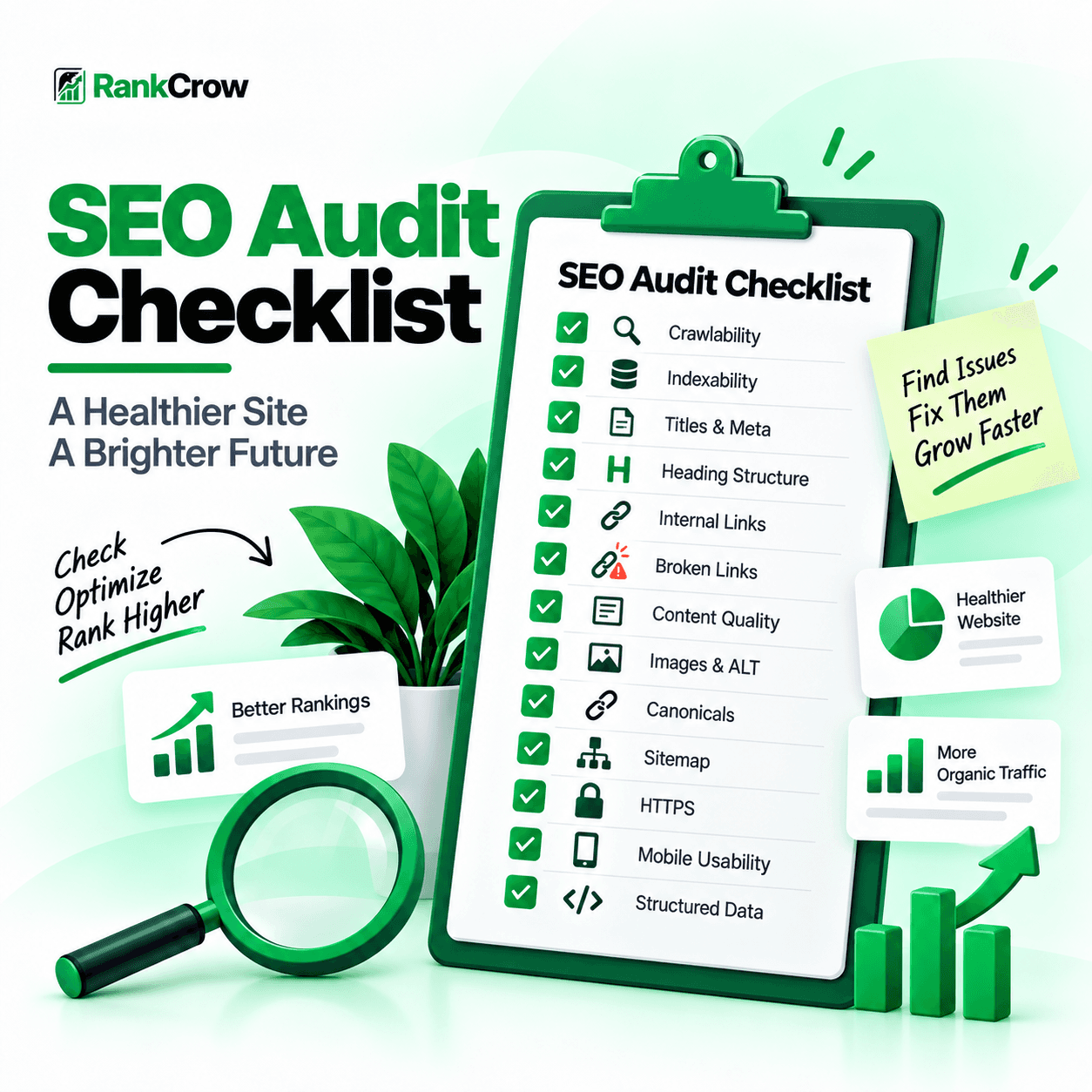 SEO audit checklist covering technical, on-page, content, linking, images, security, mobile, and structured data checks
