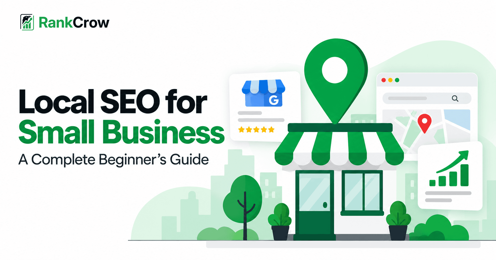 Local SEO for small business illustrated with a local storefront, Google Business Profile, reviews, links, and website visibility