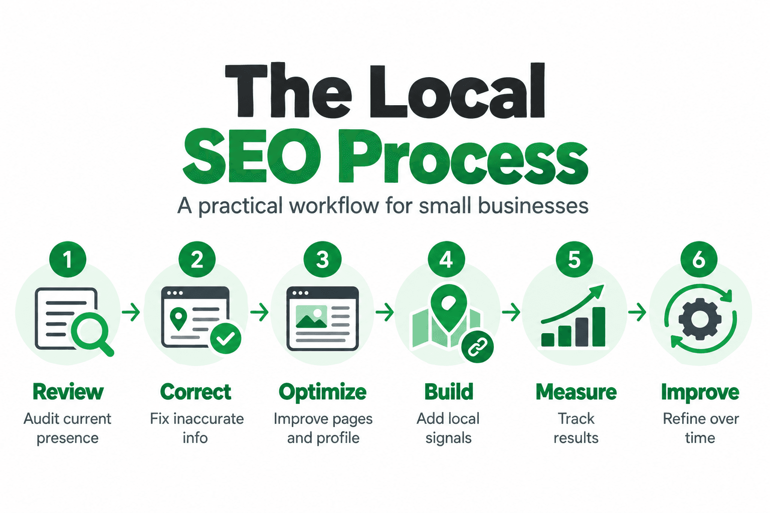 Local SEO process for small businesses: review, correct, optimize, build, measure, and improve