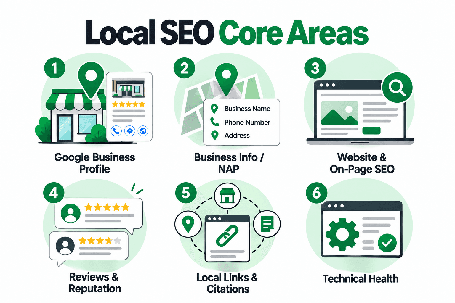 Core Local SEO areas including Google Business Profile, business information, website and on-page SEO, reviews, local links, and technical health