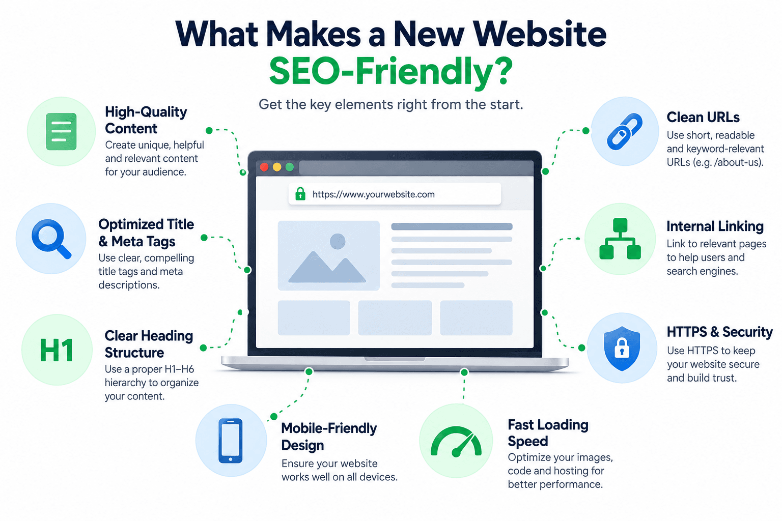 SEO-friendly new website foundation including content, headings, URLs, internal links, HTTPS, mobile usability, and performance