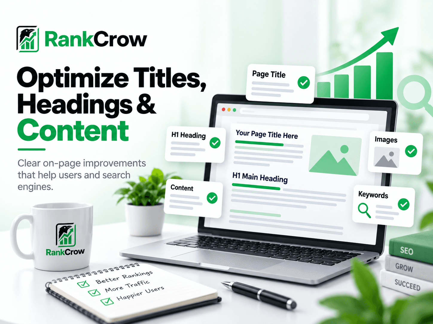 SEO page optimization covering titles, headings, and content structure