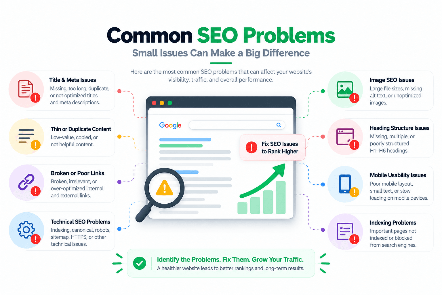 Overview of common SEO problems to check on a webpage