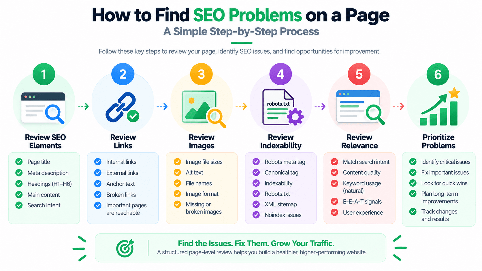 Six-step workflow for finding SEO problems on a webpage