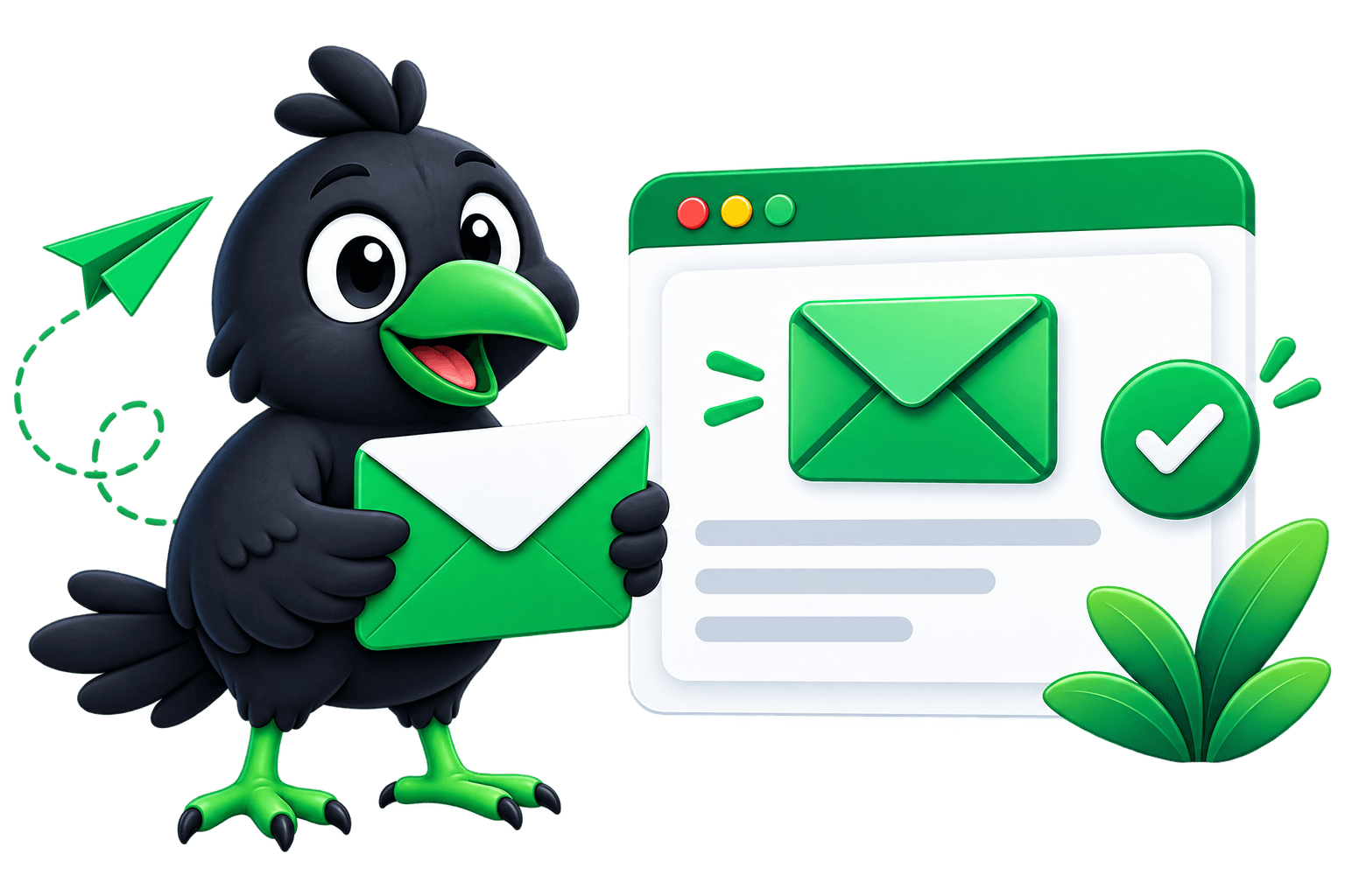 RankCrow crow mascot holding an envelope beside a contact message interface