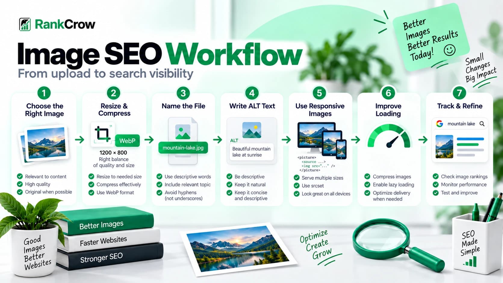 Image SEO workflow from choosing an image through optimization, delivery, and review