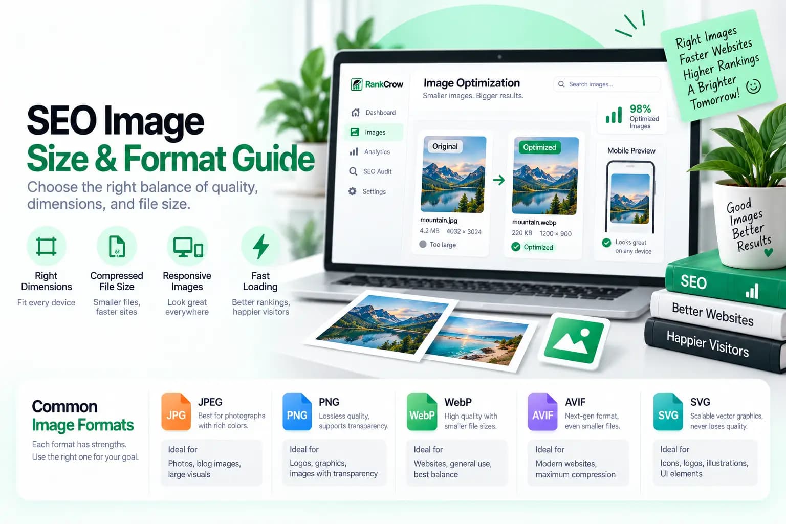 Image SEO size and format guide comparing image dimensions, file weight, and common formats