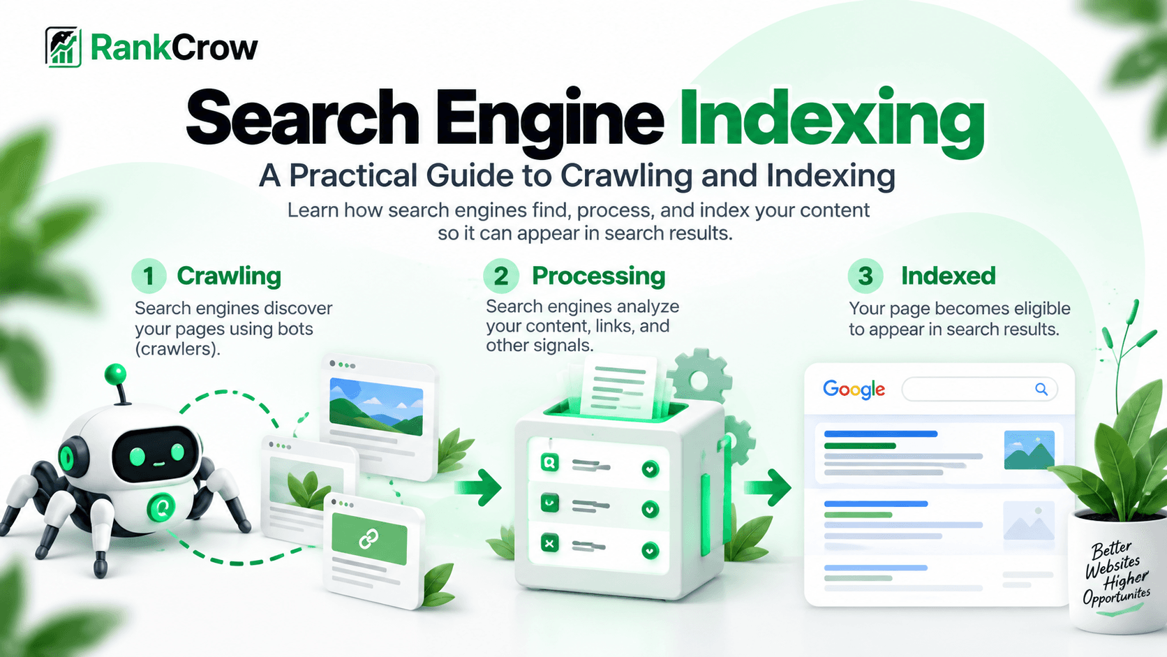 Search engine indexing practical guide showing crawling, processing, and indexed pages