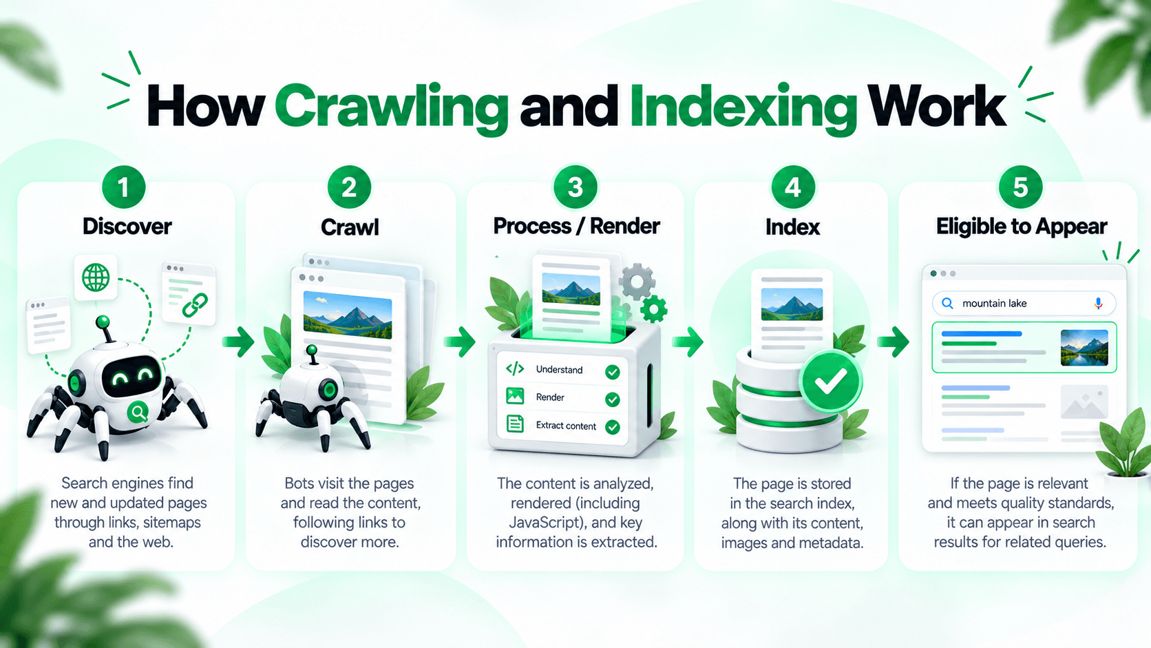 Search engine indexing workflow from discovery and crawling to processing and indexing