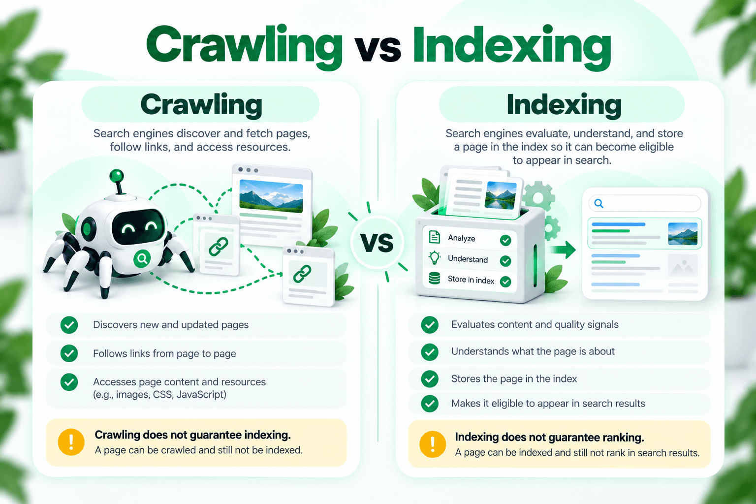 Crawling and indexing in SEO comparison showing the difference between crawling and webpage indexing