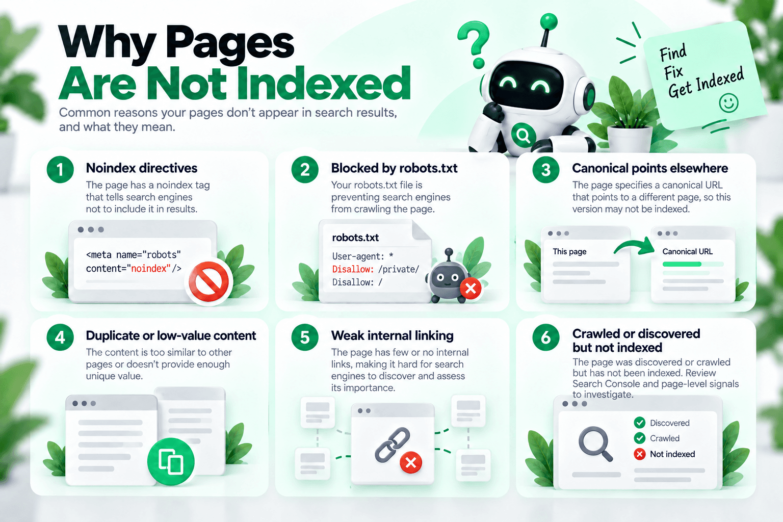 Search engine indexing troubleshooting showing common reasons pages are crawled or discovered but not indexed
