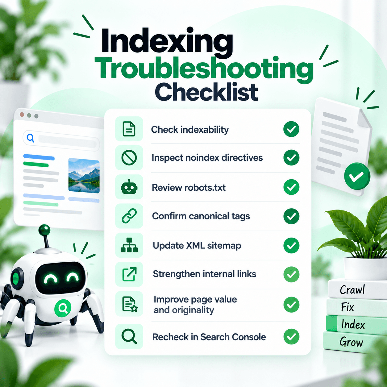 Search engine indexing checklist covering noindex directives, robots.txt, canonical tags, sitemaps, and internal links