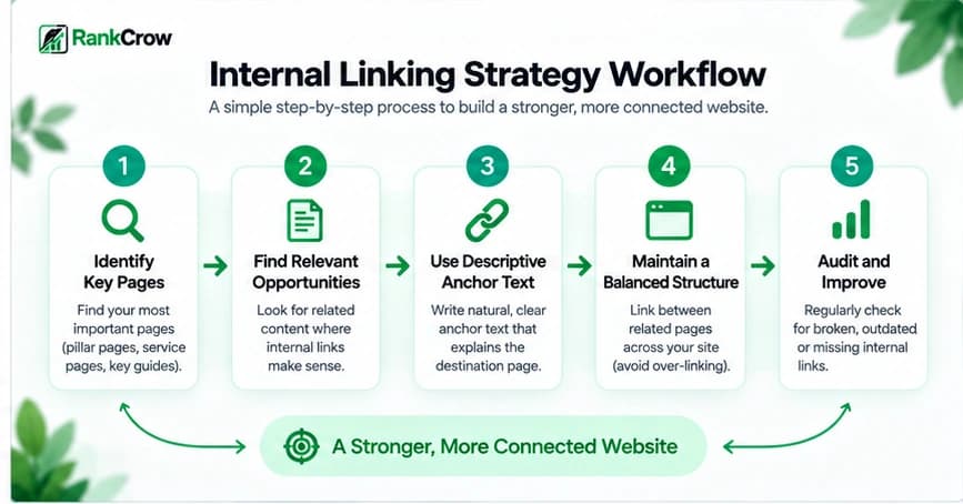 Internal linking strategy workflow showing the process from identifying priority pages to auditing and rechecking links