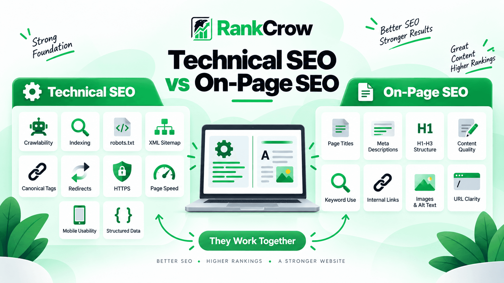 Technical SEO versus on-page SEO comparison showing technical website signals and page-level optimization elements