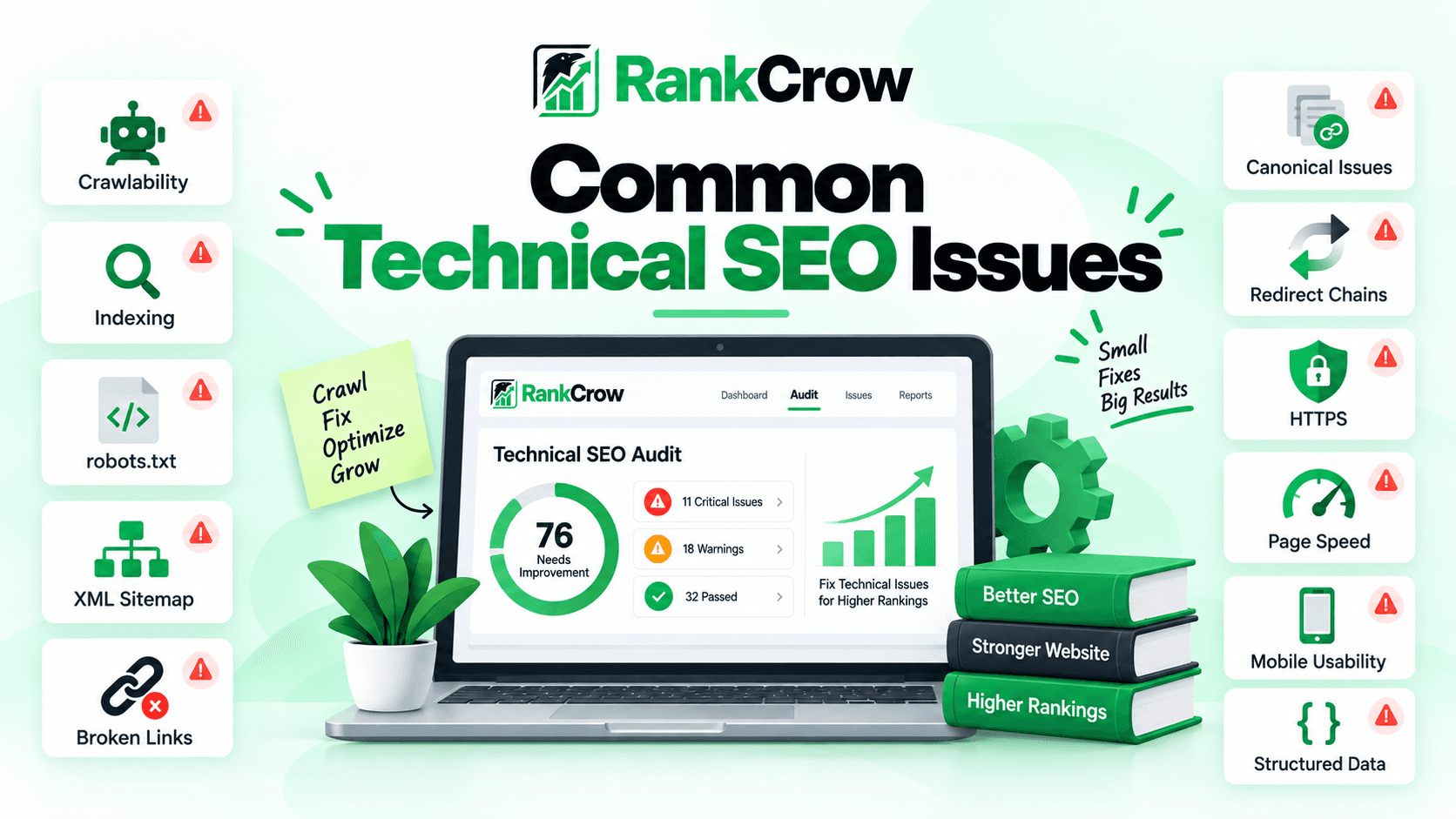 Common technical SEO issues including crawlability, indexing, robots.txt, XML sitemap, canonical issues, broken links, redirects, HTTPS, page speed, mobile usability, and structured data