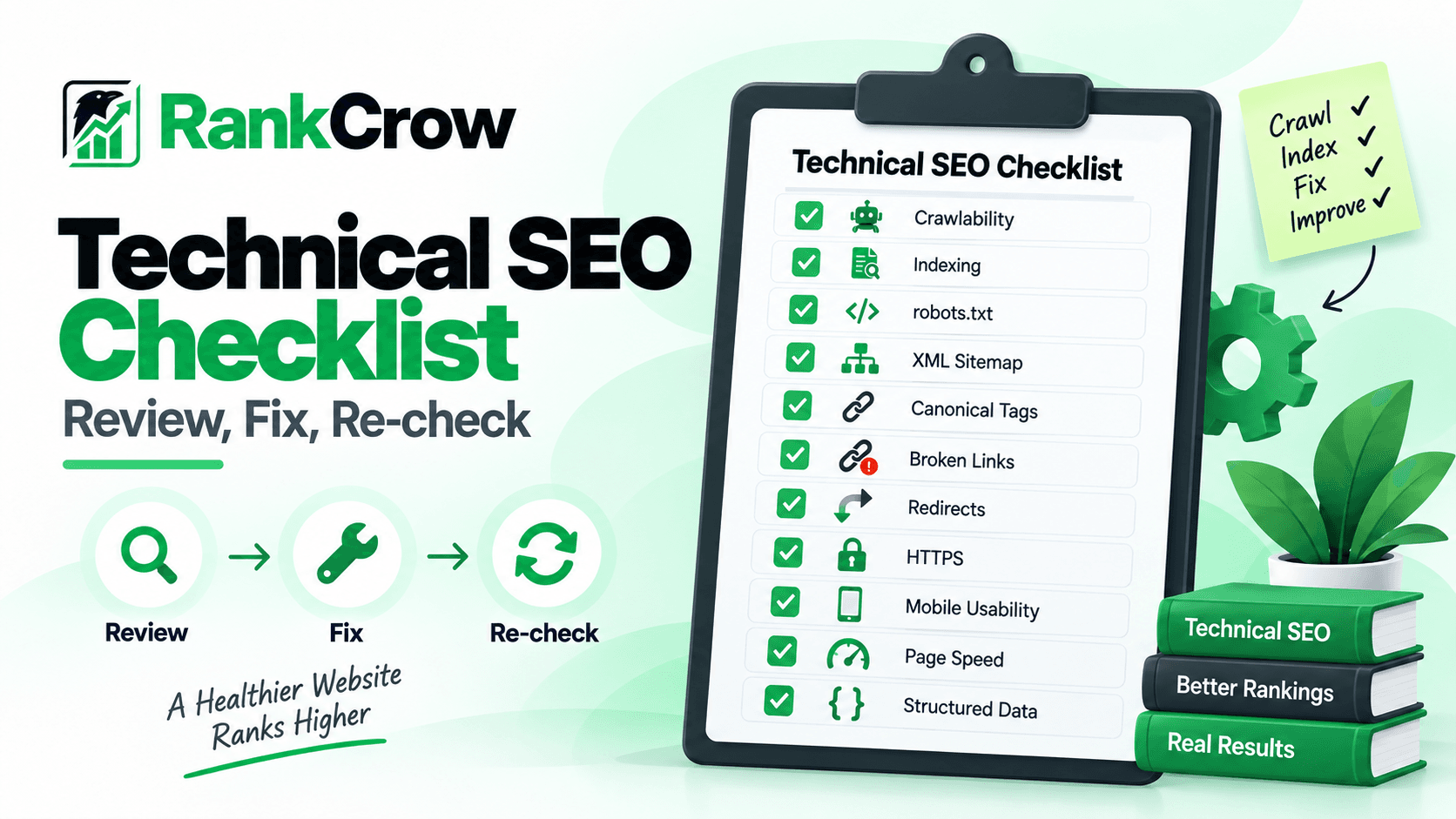 Technical SEO checklist covering crawlability, indexing, robots.txt, XML sitemap, canonical tags, broken links, redirects, HTTPS, mobile usability, page speed, and structured data